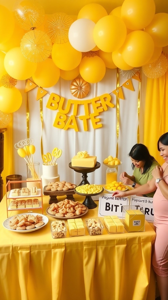 A festive butter-themed party table with yellow decorations and an array of butter-based dishes.